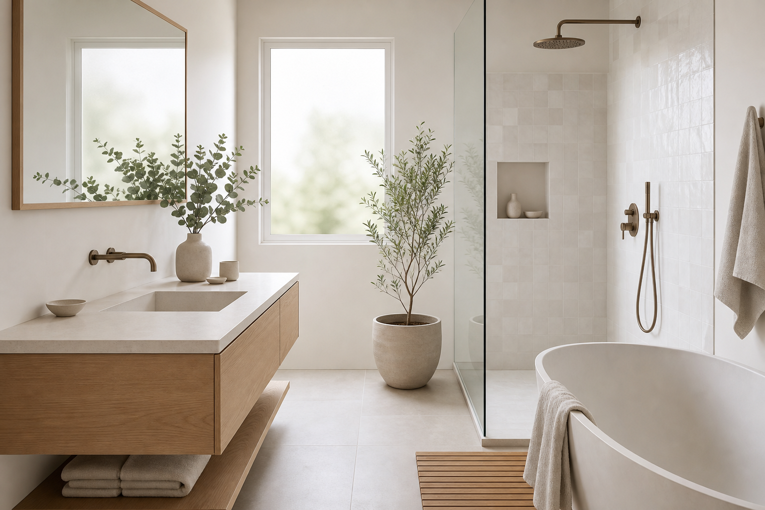 Bagno minimale con legno chiaro
