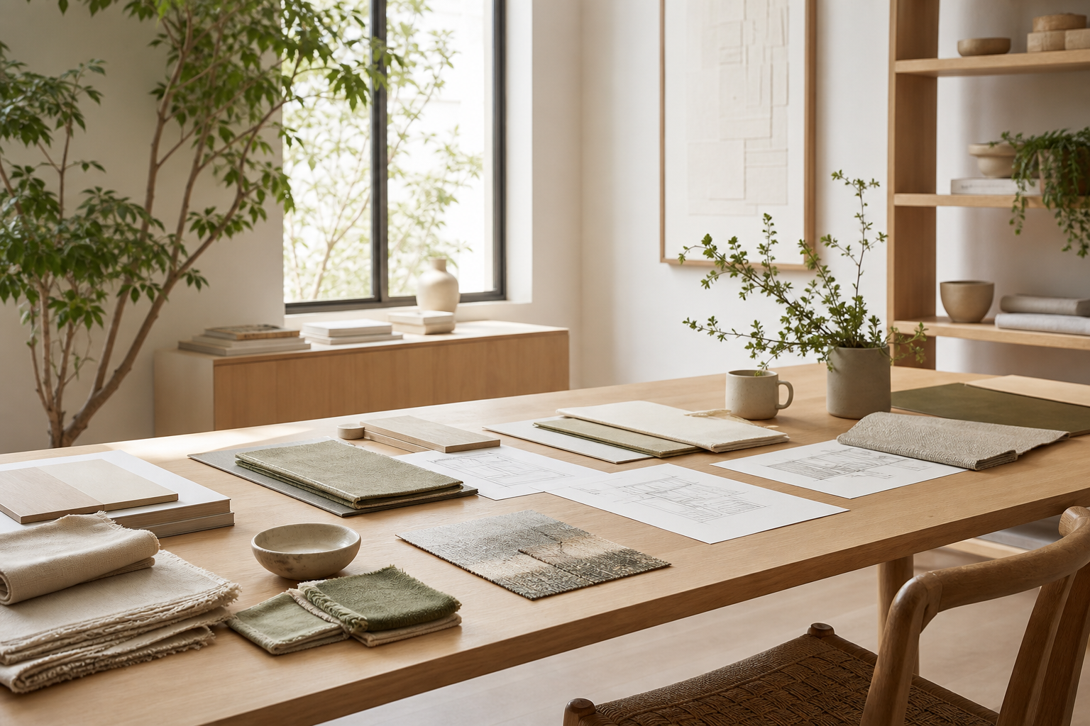 Studio luminoso di Interno Sereno con legno chiaro e piante