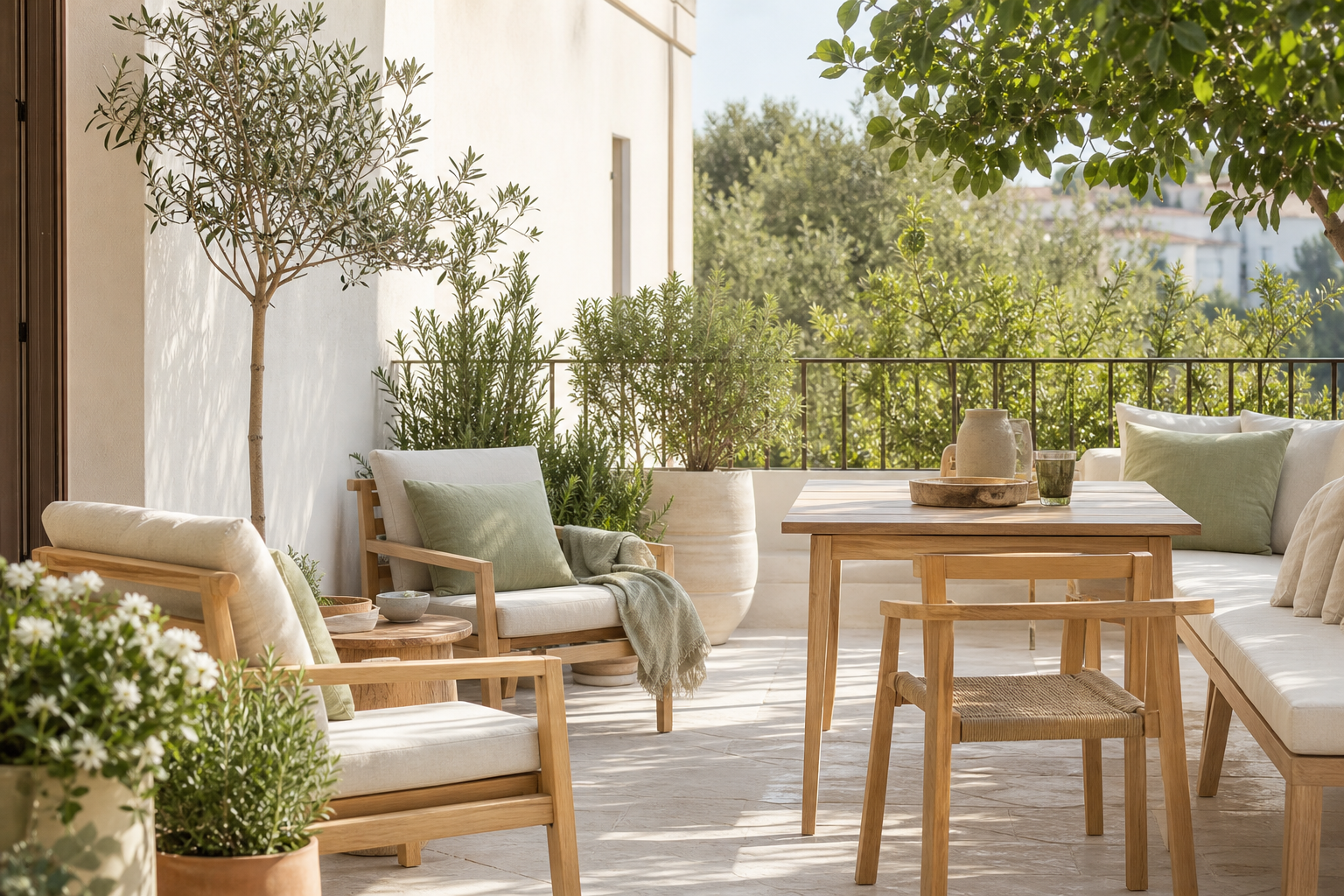 Terrazzo con piante e legno chiaro