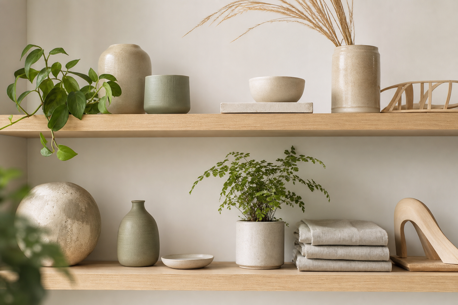 Mensola con piante, ceramiche e oggetti naturali
